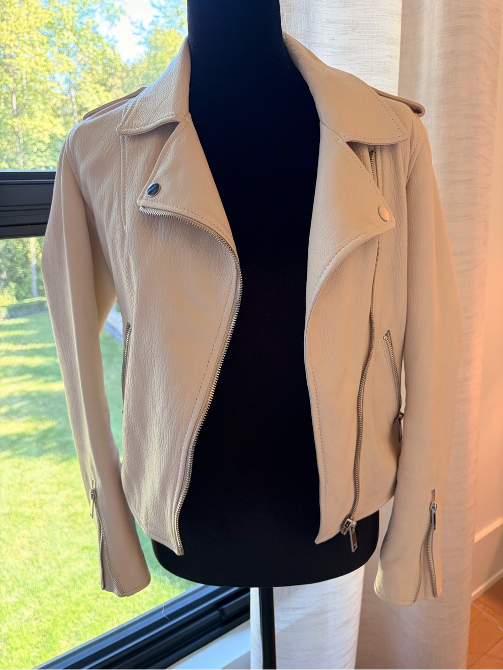 Lth Jkt sz Smal Womens Cream Leather Biker Jacket Kas